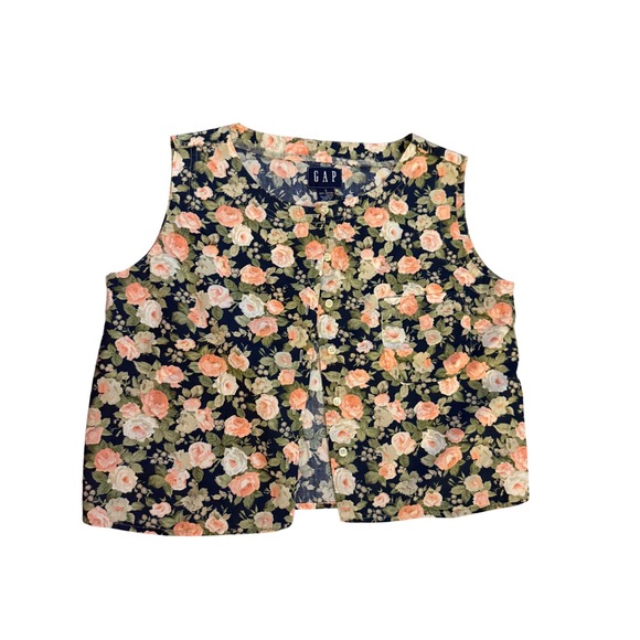 GAP Jackets & Blazers - Vintage Gap Floral Vest 100% Cotton Navy Pink Rose Button Down Sleeveless Top S